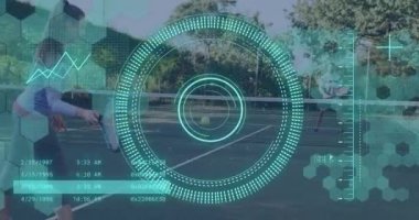 Animation of scope scanning and data processing over caucasian couple playing tennis. Global sport and digital interface concept digitally generated video.