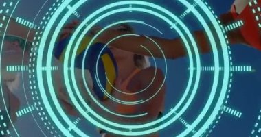Animation of scope scanning over caucasian women with volleyball teaming up. Global sport and digital interface concept digitally generated video.