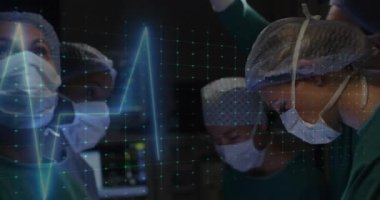 Animation of cardiograph over diverse surgeons operating on patient at hospital. Medicine, healthcare and digital interface concept concept digitally generated video.
