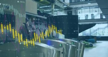 Animation of data processing over african american businessman passing security system at office. Business data technology concept