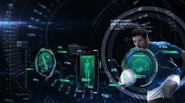 Animation of data processing over caucasian male rugby player jumping with ball. Global sports, science, computing, digital interface and data processing concept digitally generated video.
