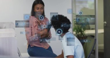 Animation of data processing with scope scanning over diverse business people working at office. Global business, finances and digital interface concept digitally generated video.