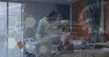 Animation of data processing with digital brain over diverse doctor and patient at hospital. Medicine, healthcare and digital interface concept concept digitally generated video.