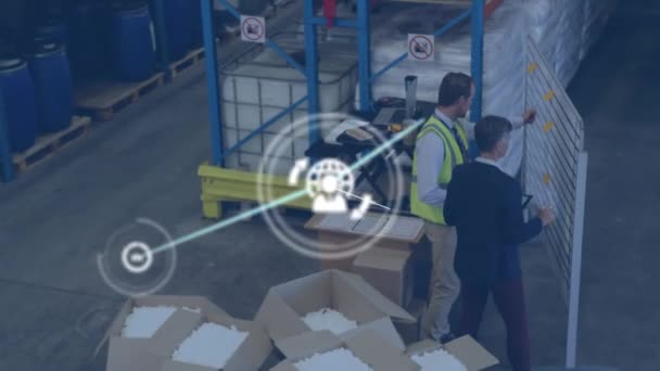 Animation Network Connections Icons Men Working Warehouse Global Shipping Business — Wideo stockowe