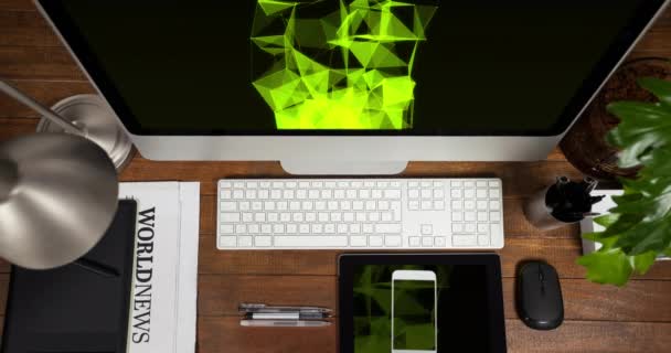 Animation Technological Devices Green Shapes Screen Wooden Desk Technology Abstract — Wideo stockowe