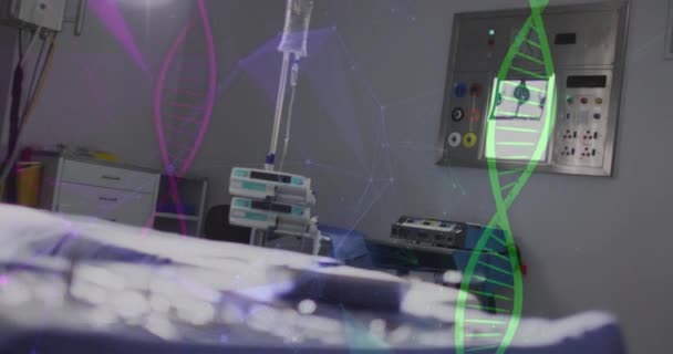 Dna鎖のアニメーションと病院での空のオペレーティングシアター上の接続 デジタルインターフェースの概念デジタル生成されたビデオ — ストック動画