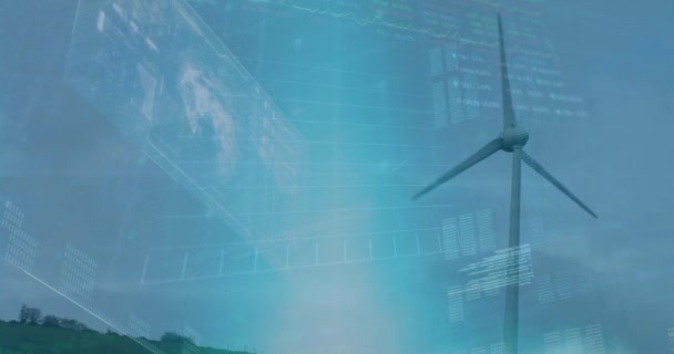 利用蓝天旋转风车对股票市场数据进行动画处理 全球经济和可再生能源技术概念 — 图库视频影像