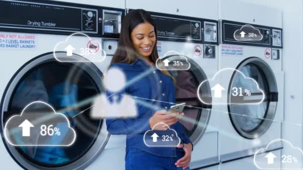 Animation Connections Clouds Percent Biracial Woman Launderette Using Smartphone Global — Stock videók