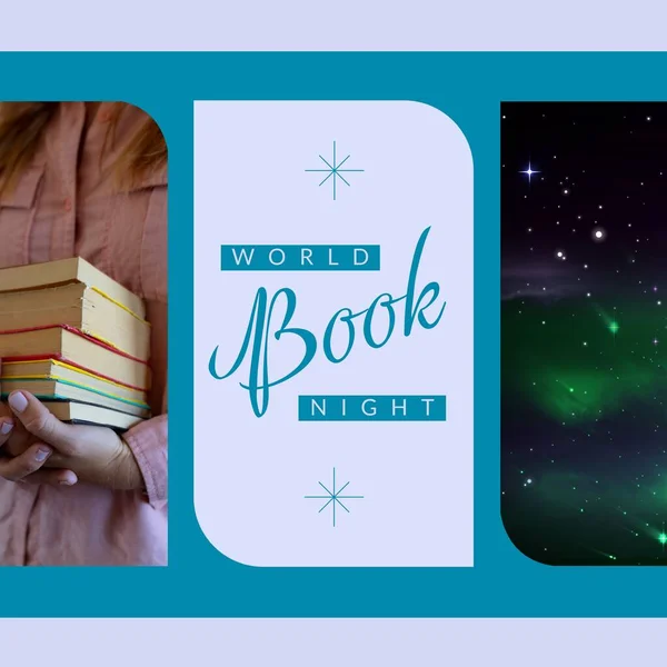 Composition of world book night text over woman holding books. World book night, reading and lifestyle concept digitally generated image.