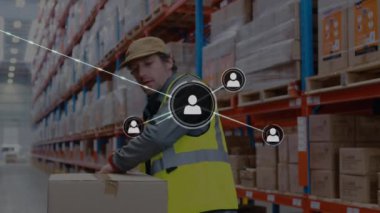Animation of network of profile icons over caucasian male worker packing a box at warehouse. Global networking and transportation business concept