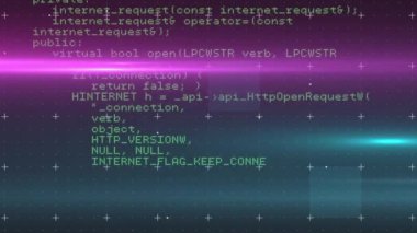 Animation of pink light trail over data processing against green background. Computer interface and business technology concept