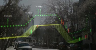Animation of line graphs with numbers over tram moving on tramway amidst cars parked on road in city. Digital composite, multiple exposure, report, business, transportation and technology concept.