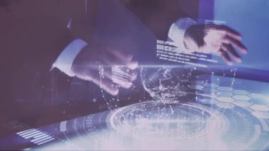 Animation of globe and data processing over mid section of businesswoman touching futuristic screen. Computer interface and futuristic business technology concept