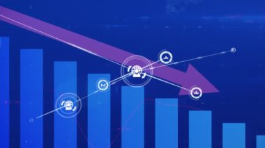 Animation of network of digital icons and statistical data processing against blue background. Global networking and business data technology concept