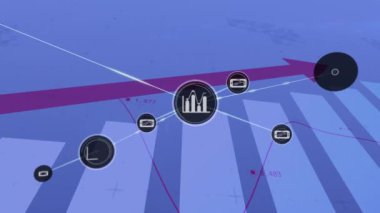 Animation of network of digital icons and statistical data processing against blue background. Global networking and business data technology concept