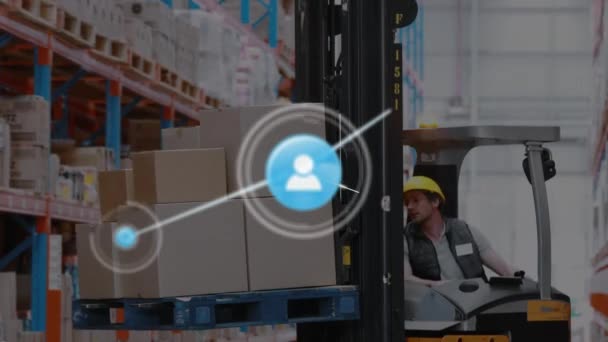 Animation Network Digital Icons Caucasian Male Worker Operating Forklift Warehouse — Wideo stockowe