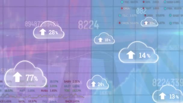 Animation Multiple Cloud Icons Increasing Percentage Statistical Data Processing Business — Vídeo de Stock