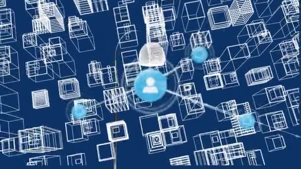Animation Connected Icons Aerial View Model Buildings Blue Background Digitally — Stock Video