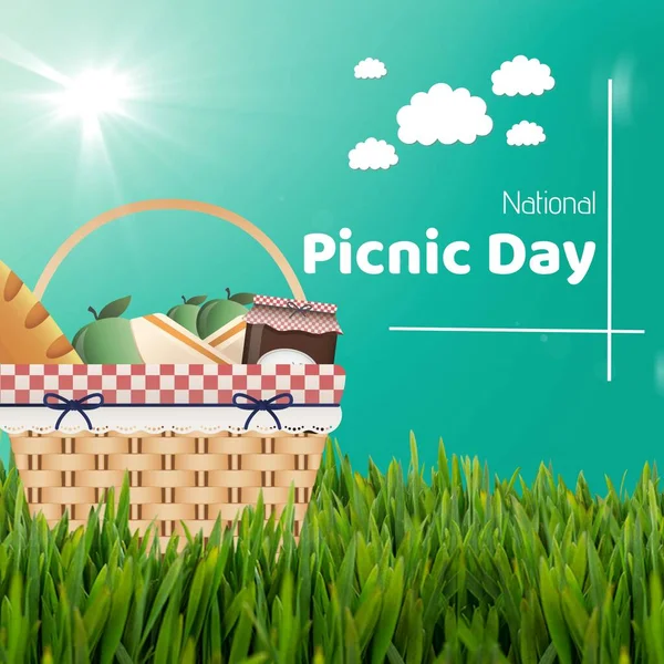 Composition of national picnic day text, picnic basket with food on green background. National picnic day outdoor eating and lifestyle concept digitally generated image.