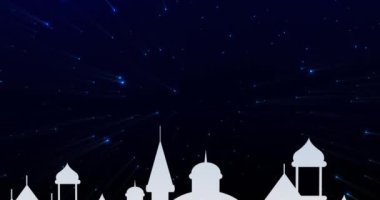 Animation of crescent, stars and mosque buildings in background. Eid mubarak, islam, faith and religion concept digitally generated image.