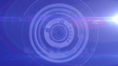 Animation of light spot and spinning round scanner and data processing against blue background. Computer interface and business technology concept