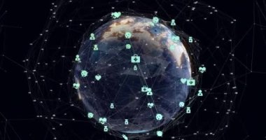 Animation of connected icons and dots around rotating globe over black background. Digitally generated, hologram, communication, globalization, abstract, futuristic and technology concept.