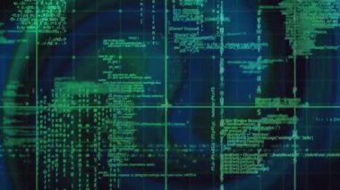 Animation of grid pattern over programming language against abstract pattern in background. Digitally generated, hologram, illustration, shape, coding, machine learning and technology concept.