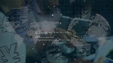 Animation of globe, world map, earth day and data processing over people working in office. Business, global network and earth day concept digitally generated video.