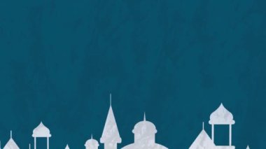 Animation of crescent, stars and mosque buildings in background. Eid mubarak, islam, faith and religion concept digitally generated image.