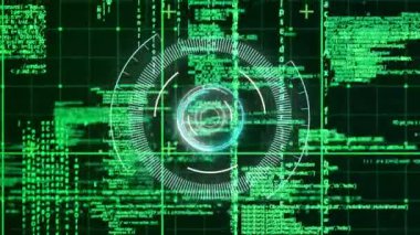 Animation of circles over grid pattern against computer programming language on black background. Digitally generated, hologram, illustration, shape, coding, machine learning and technology concept.