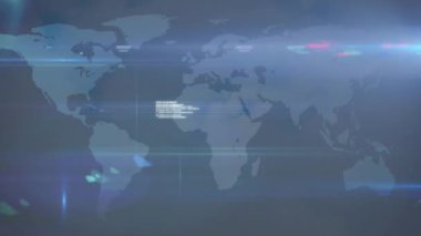 Animation of pulsating circles and profile icons over world map and data processing. Global networking and business data technology concept