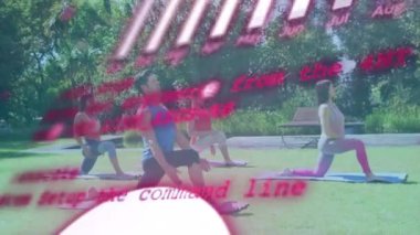 Animation of data processing and earth day text over diverse people practicing yoga. Global sport and digital interface concept digitally generated video.