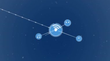 Animation of icons connected with lines over snowfall against blue background. Digitally generated, hologram, communication, winter, music, abstract, illustration and technology concept.