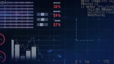 Mavi arkaplan ile istatistiksel veri işleme üzerinden bağlantı ağının animasyonu. Küresel ağ ve iş veri teknolojisi kavramı