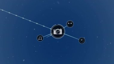 Animation of camera and music note icons connected with lines, snowfall on against blue background. Digitally generated, hologram, communication, winter and technology concept.