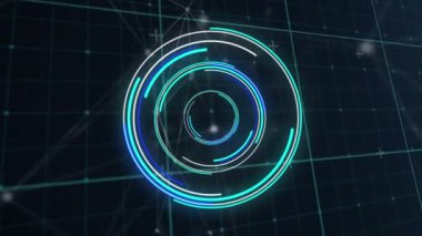 Animation of illuminated circles over dots connected with lines against abstract background. Digitally generated, hologram, illustration, shape, communication and technology concept.
