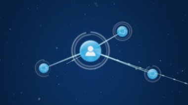 Animation of icons connected with lines over snowfall against blue background. Digitally generated, hologram, communication, winter, abstract, illustration and technology concept.