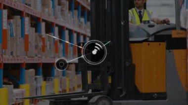 Animation of network of digital icons over caucasian male worker operating forklift at warehouse. Global networking and transportation business concept