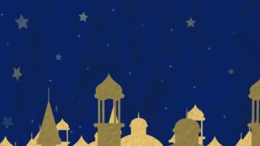 Animation of crescent, stars and mosque buildings in background. Eid mubarak, islam, faith and religion concept digitally generated image.