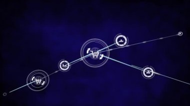 Grafiklerin ve alışveriş arabalarının animasyonları mavi arkaplana karşı çizgilerle bağlı. Dijital olarak üretilmiş, hologram, rapor, iş dünyası, iletişim, illüstrasyon ve teknoloji kavramı.