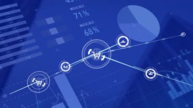 Animation of network of digital icons and statistical data processing against tall buildings. Global networking and business data technology concept