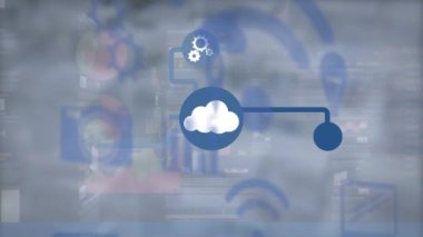 Animation of network of digital icons over screens with statistical data processing. Computer interface and business data technology concept