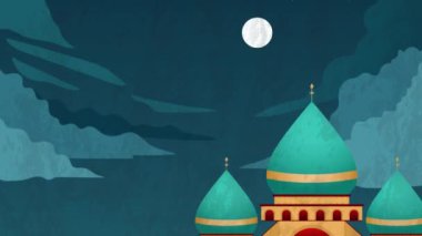 Animation of crescent, stars and mosque building in background. Eid mubarak, islam, faith and religion concept digitally generated image.