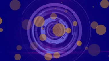 Animation of yellow spots over spinning round scanner and data processing against blue background. Computer interface and business technology concept