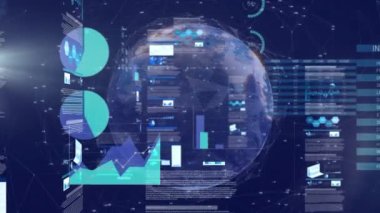 Animation of infographic interface over connected dots and rotating globe in background. Digitally generated, hologram, globalization, report, business, communication and technology concept.