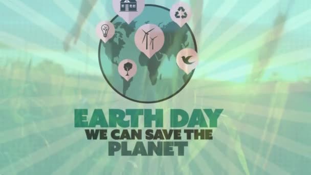 Анимация Дня Земли Можем Спасти Планету Над Женщиной Идущей Полю — стоковое видео
