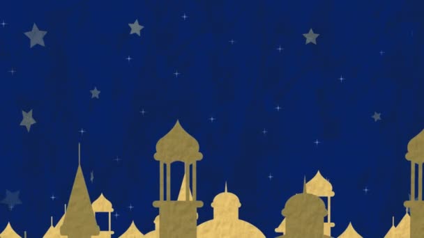 Animation Crescent Stars Mosque Buildings Background Eid Mubarak Islam Faith — Video Stock