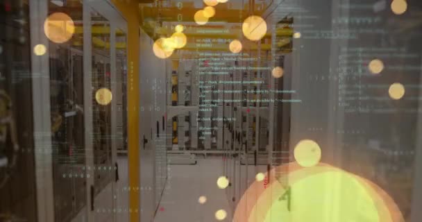 Animation Data Processing Yellow Glowing Spots Falling Computer Server Room — Video