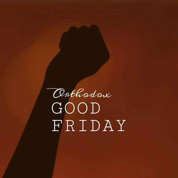 Composition of orthodox good friday text and copy space over fist on brown background. Orthodox good friday, christianity, faith and religion concept digitally generated image.