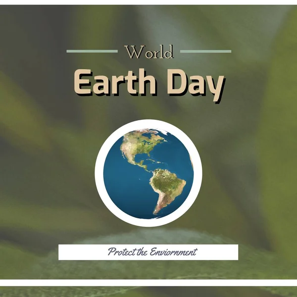 Composite of globe with world earth day and protect the environment text over defocused plants. Copy space, nature, awareness, support and environmental conservation concept.